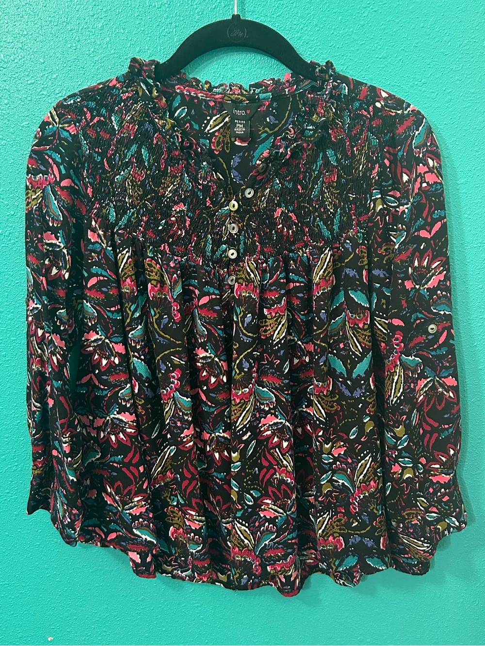 Intro. Black Floral Smocked Button-Front Long Sleeve Blouse